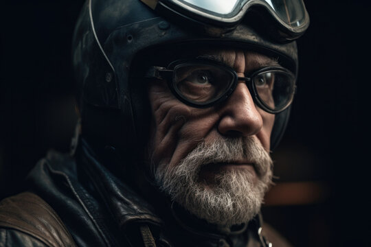 Generative AI illustration portrait of bearded elderly male biker in leather jacket and helmet with eyeglasses looking away on black background