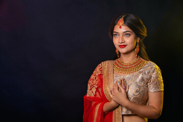 Magnificent young Indian bride in luxurious bridal costume with makeup and jewellery in studio...