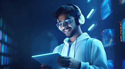 A happy and excited futuristic Indian student uses an iPad with headphones alone The setting is a futuristic room generative ai