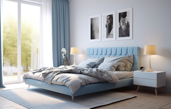 Scandinavian Minimalist blue Bedroom made with AI generative technology