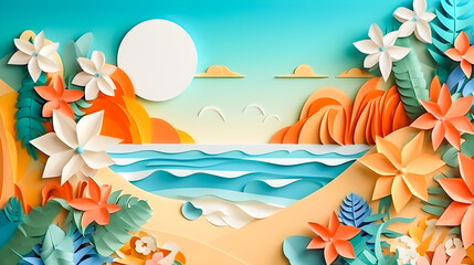 Fototapeta na wymiar Summer paper and cutout style background. Beach with palm trees, birds flying, sun, tropical plants and flowers. Generative ai.