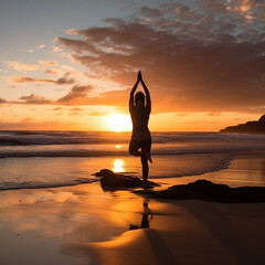 Silhouette of young woman practicing yoga on the beach at sunset