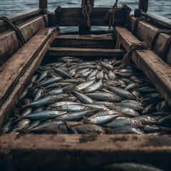Fishing boat full of fish and nets. Fish on deck. AI generation.