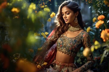 portrait of a beautiful Indian girl in a garden full of flowers Cinematic light generative ai