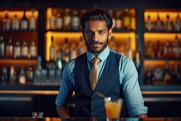 Stylish young Indian bartender in a sleek modernist bar generative ai