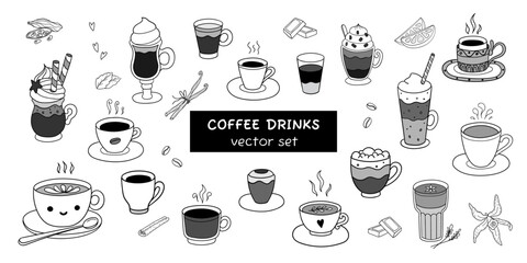 Hand drawn types of coffee drinks set. Vector doodle illustration isolated on white. Perfect for menu designs for cafes, restaurants, coffeehouses and coffee shops.