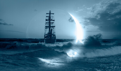 Sailing old ship in a storm sea with crescent moon stormy clouds in the background 