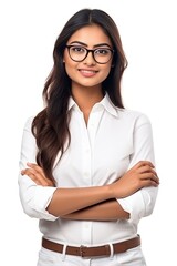 Portrait of the beautiful happy young Indian woman in glasses and an office shirt generative ai