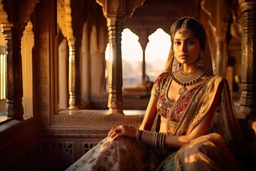 Portrait of a beautiful Indian bride in a royal saree in the royal throne room in a castle in Jaipur at sunset generative ai