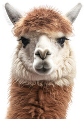 close up portrait of an alpaca isolated on white or transparent background as PNG, generative AI animal