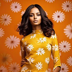 Indian Female model wearing a yellow dress with a white daisy print in the style of flower power pictorial fabrics dark orange generative ai
