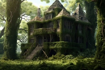 Enchanting Forest House Adorned with Vines and Ivy. AI