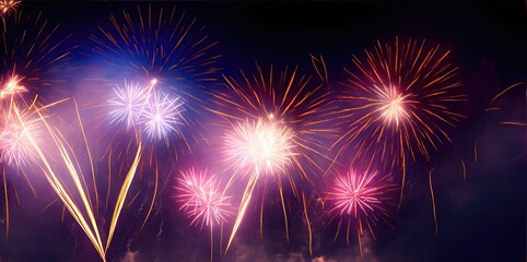 Naklejka premium Bright colorful fireworks on a dark background. Generative AI