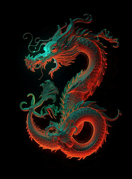 Image of a dragon with beautiful bright colors on black background. Mythical creatures. Illustration, Generative AI.