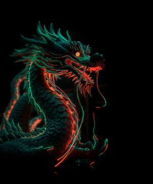 Image of a dragon with beautiful bright colors on black background. Mythical creatures. Illustration, Generative AI.