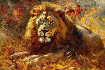 Image of impressionist male lion painting. Wildlife Animals. Illustration. Generative AI. - obrazy, fototapety, plakaty