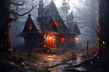 Fototapeta premium Magic house where evil lives in a magical forest. Generative AI.