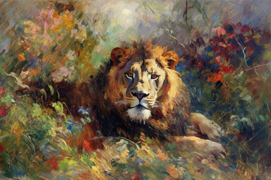 Image of impressionist male lion painting. Wildlife Animals. Illustration. Generative AI.