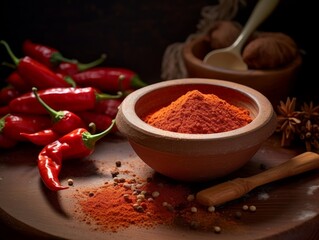 smoked paprika in a rustic ceramic bowl surrounded by fresh chili peppers