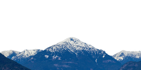 Snow capped mountain range. Mountain covered by ice, snow and trees. Squamish, BC, Canada. PNG transparent image.