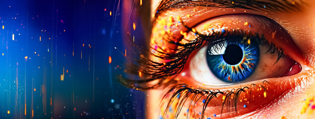 eye portrait digitally enhanced with vibrant and imaginative water droplets, creating a hyper-realistic and futuristic sci-fi aesthetic. generative AI.