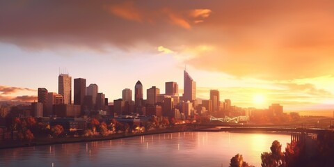 A city skyline bathed in the warm glow of sunrise, concept of Golden hour ambience, created with Generative AI technology
