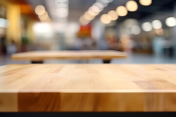 Creative mock concept. Empty wooden table top with canteen cafeteria foodcourt blurred background. Template for product presentation display. 3D rendering

