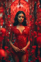 Fototapeta premium stunning image features an Indian female model in a red short dress with a cute and youthful vibe generative ai