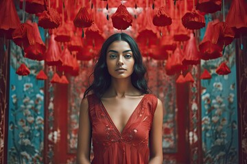 Fototapeta premium stunning image features an Indian female model in a red short dress with a cute and youthful vibe generative ai
