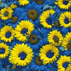 Fototapeta na wymiar Seamless pattern with sunflowers and blue cornflowers. Ukrainian style. Generated with AI.