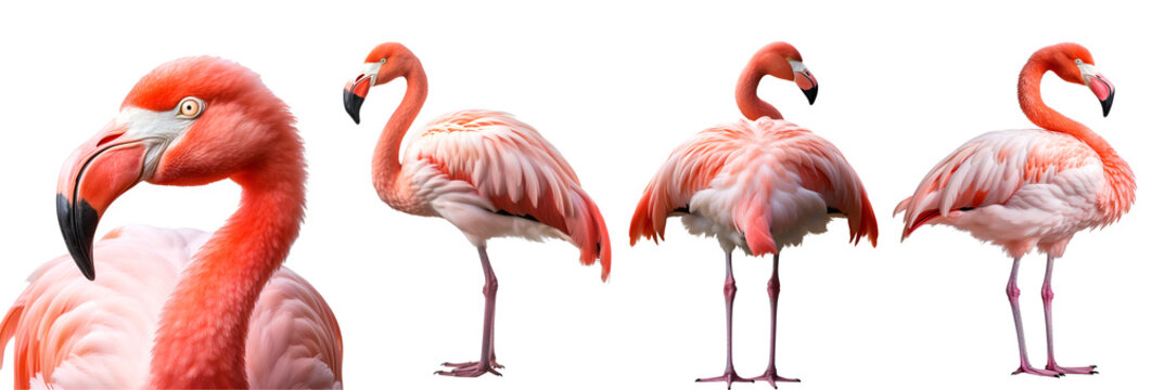 Flamingo bird, many angles and view portrait side back head shot isolated on transparent background cutout, PNG file,