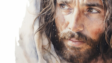 Watercolour pencil illustration of close up Jesus portrait. Peaceful and serene mood. Banner with copy space. Generative AI  - obrazy, fototapety, plakaty