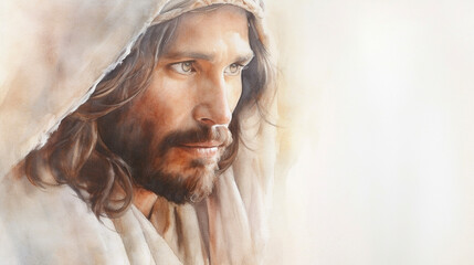 Watercolour pencil illustration of close up Jesus portrait. Peaceful and serene mood. Banner with copy space. Generative AI 