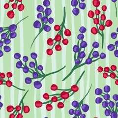 Hand drawn seamless pattern with red black currants berries on green stripes background. Summer berry food on striped pastel print, tasty garden design for kitchen cottagecore fabric wrapping paper