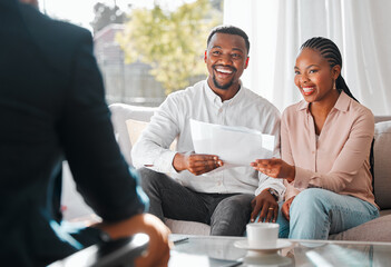 Broker, couple and contract paper in a house while in meeting or consultation for mortgage advice. Financial advisor with a happy black man and woman for investment, savings plan and insurance