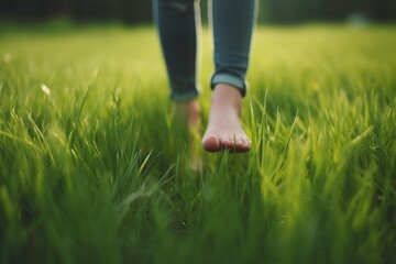 illustration, woman walking barefoot on the green grass, ai generative