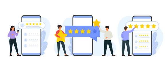 Vector illustration set of consumer review and 5 stars rating. Customers feedback concept. People collection of scenes in flat design. - obrazy, fototapety, plakaty
