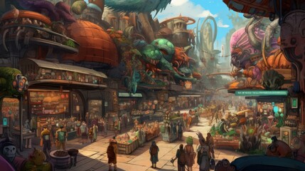Obraz na płótnie Canvas Bustling marketplace on an alien planet, filled with exotic alien species, bizarre goods, and vibrant colors, creating a sense of wonder and cultural diversity