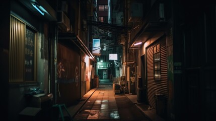 A narrow alley with a sign on the side of it. Generative AI image. - obrazy, fototapety, plakaty