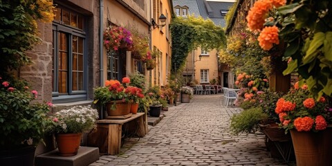 A charming, cobblestone alley in an old european town, lined with colorful buildings and blooming flower boxes, concept of Quaint European architecture, created with Generative AI technology
