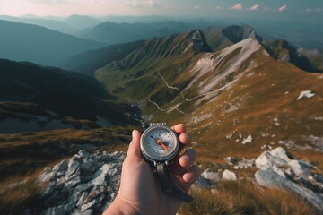 Fototapeta na wymiar Compass and map in hands of traveler for checking and searching position and direction at the top of peak of mountain while hiking for camping generative AI technology