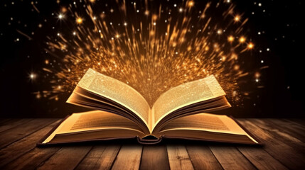 Open book on wooden deck with glittering rays and bokeh.Open golden holy bible book with glowing light on wooden background.