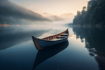 Fototapeta na wymiar A serene lake with a single boat. AI
