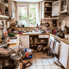 Fototapeta na wymiar Disorganized Dirty Kitchen in Need of Cleaning, generative AI