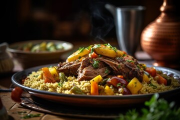 traditional Moroccan couscous dish with slow-cooked vegetables, lamb, and a flavorful sauce - obrazy, fototapety, plakaty