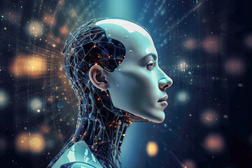 Artificial intelligence, futuristic digital technology robot face close up, digital smart world metaverse concept.