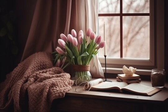 Cozy Easter, spring still life scene. Cup of coffee, notebook, golden pen, pink knitted plaid near window. Vintage feminine styled photo generative AI technology