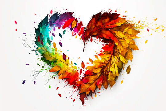 Heart made out of colorful leaves and watercolors on white background. Generative AI.