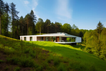 Fototapeta na wymiar House in the middle of field with forest in the background. Generative AI.