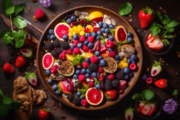Wooden bowl filled with lots of different types of fruits and berries on top of table. Generative AI.